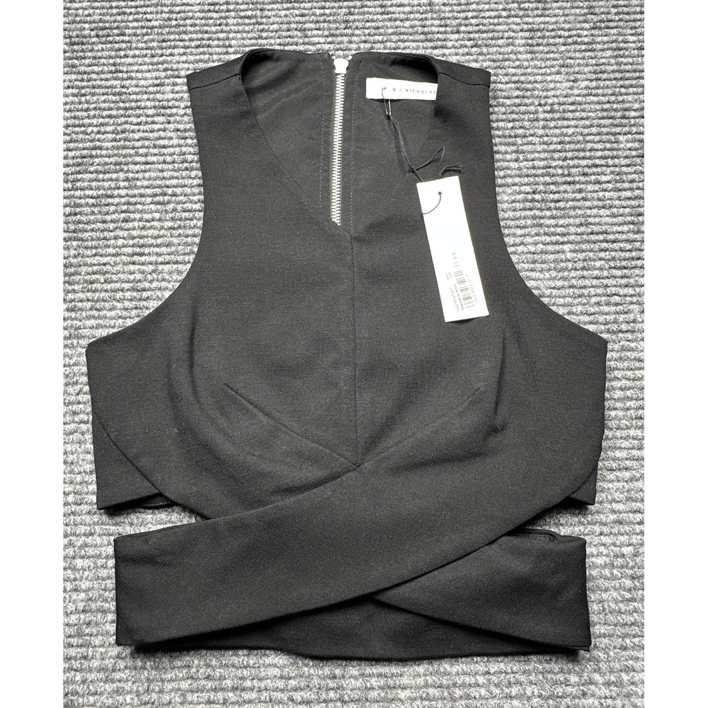N / Nicholas Tank Top Womens 0 Black Ponti Wrap Band Crop Zip Back Knit Party
